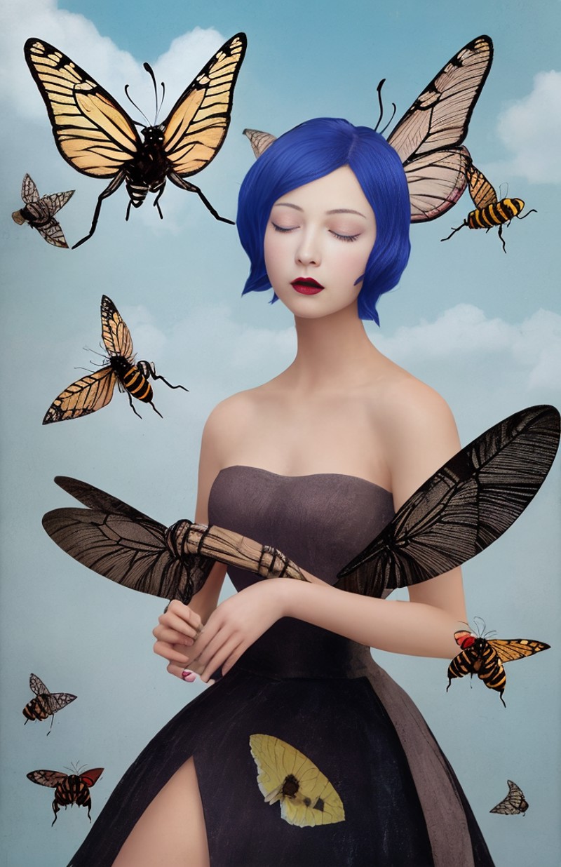 Christian Schloe_V,1girl,animal,antennae,bare_shoulders,bee,beetle,bird,bird_on_shoulder,blue_butterfly,bug,butterfly,butt...